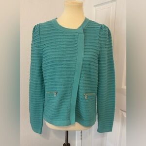 Carlisle Collection Debonair Teal Cardigan Sweater Textured Knit Mature NWT Lg